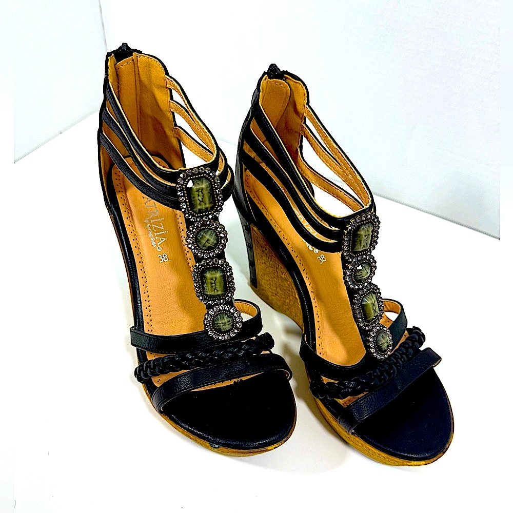 Jewel/Rhinestone wedge Patrizia by Spring Step sandal with black straps. Unworn